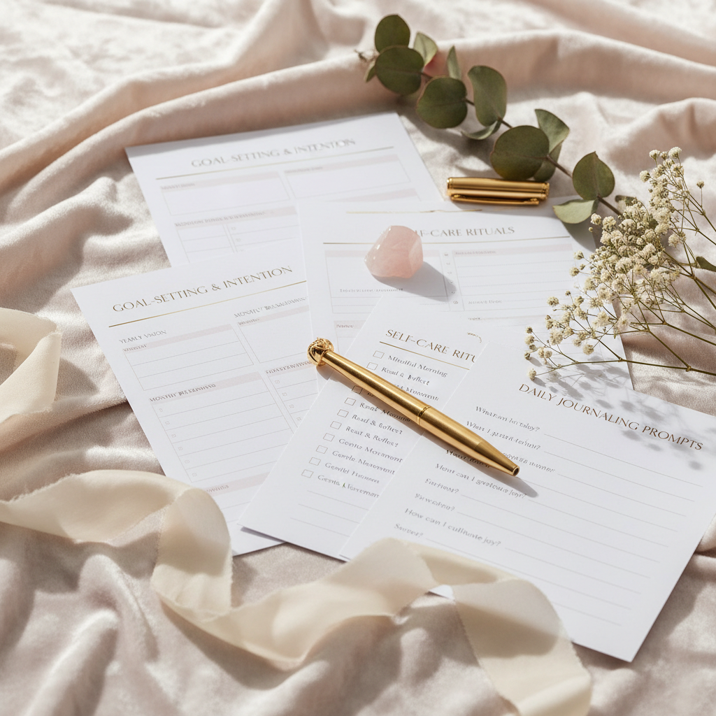 Close-up of Soft Life Bundle digital planner pages and workbook content with feminine design