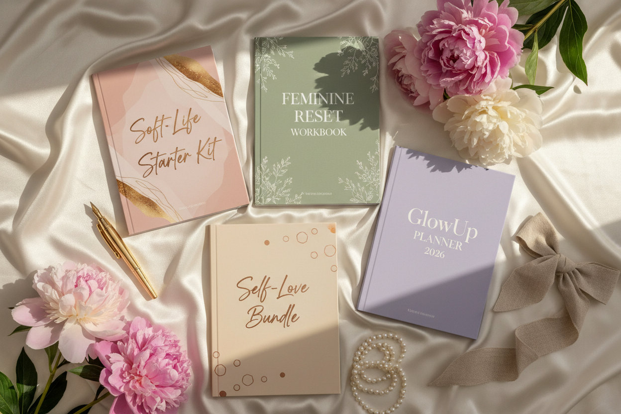 Soft Life Essentials Bundle - Premium collection including Soft Life Starter Kit, Feminine Reset Workbook, Self-Love Bundle, and GlowUp Planner 2026