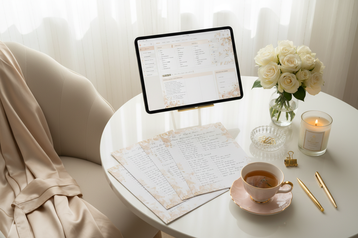 Woman using Soft Life Essentials Bundle in elegant workspace with planner and self-care rituals